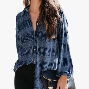 Women's Shirred Velvet Long Lantern Sleeve Button Down Shirt